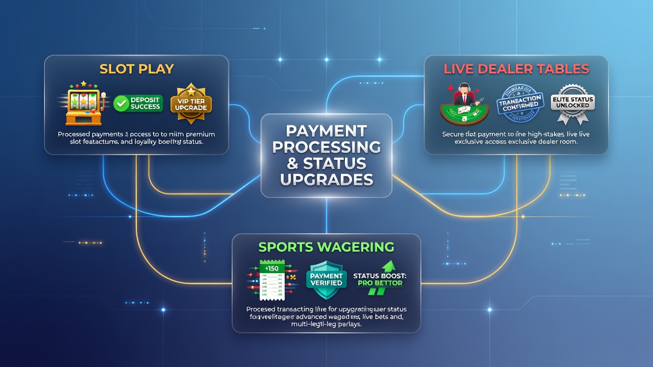 Mobile app interface displaying payment options alongside loyalty tier progress indicators for slots, live dealer tables, and sports wagering