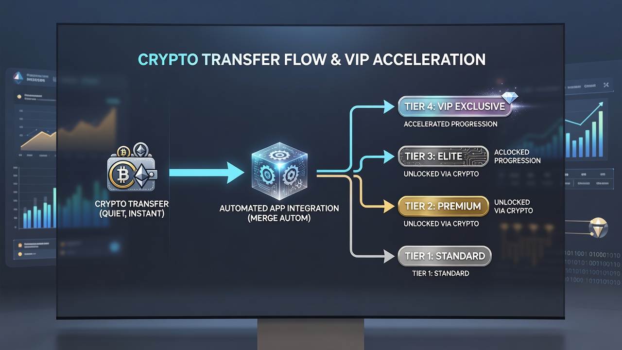 Dashboard showing VIP tier progression bars next to transaction history with cryptocurrency deposits highlighted