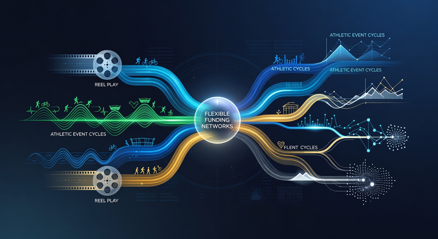 Data visualization showing interconnected patterns between slot machine reels and sports event timelines overlaid with incentive layers and funding flows
